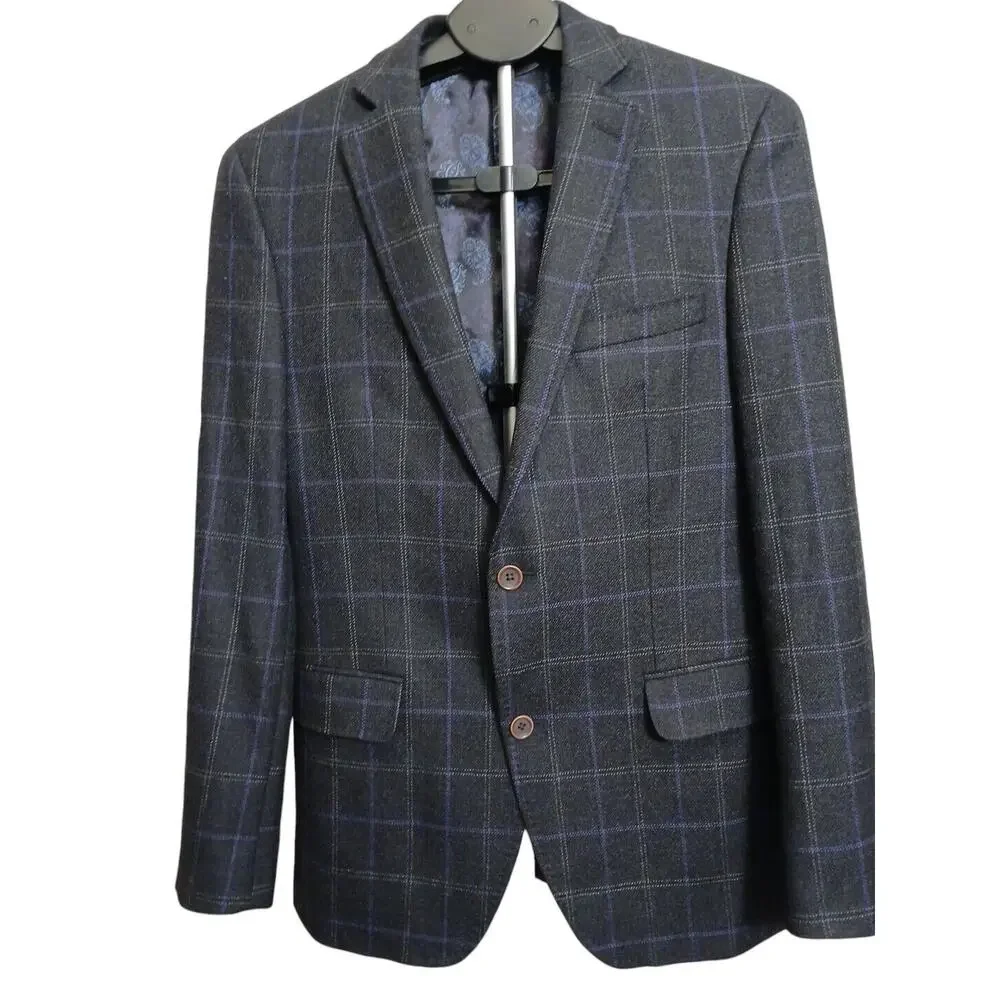 Tallia Men's Slim Fit WOOL Blend Sport Coat Sz 40 Black Plaid Jacket Macy's $295